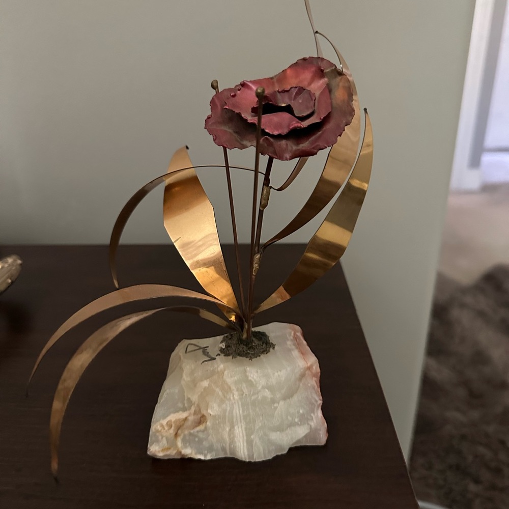 Vintage Mario Jason Flower & Leaves Brass on Marble Onyx Base Sculpture